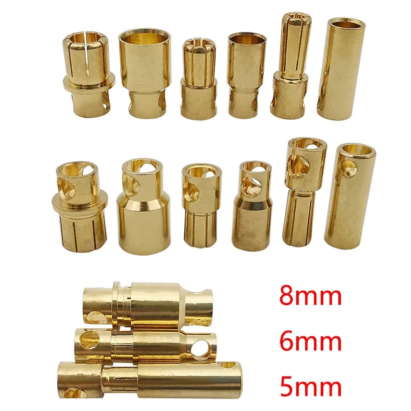Gold Plated Bullet Banana Plug Connectors 5mm 6mm 8mm Male Female Set for ESC Battery Motor RC Applications 1/2/5/10 Pairs Brass Material