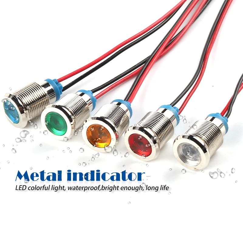 Waterproof Metal LED Indicator Light IP66 Signal Lamp 6mm-22mm Multiple Sizes 6V-220V with Pre-wired Cable for Industrial Use