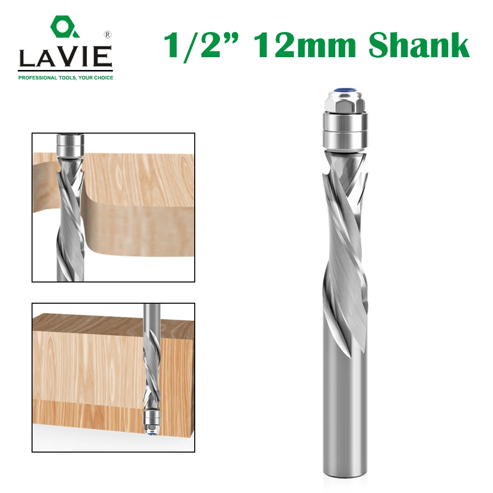 12mm Shank Flush Trim Router Bit Solid Carbide Spiral Top Bearing CNC Compression Cut End Mill for Wood Milling and Face Cutting