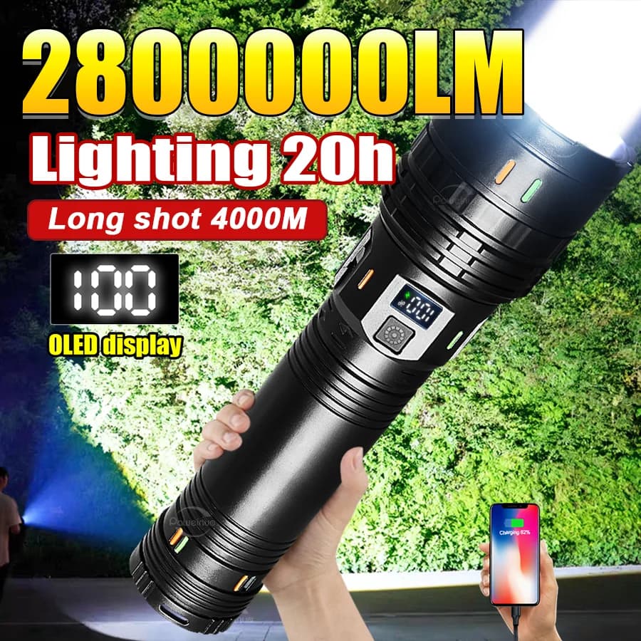 High Power 1000000LM LED Rechargeable Tactical Flashlight with 4000m Long Range Beam for Hunting, Camping, and Emergency (800W Model)