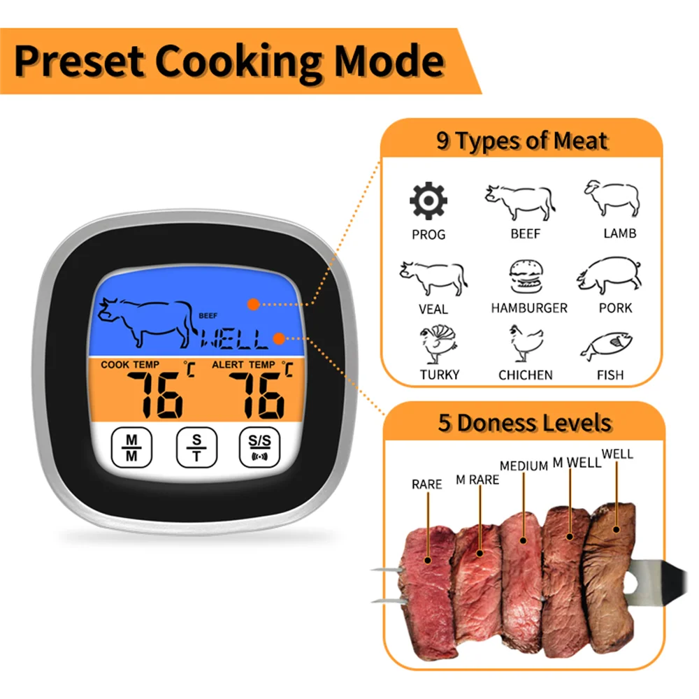 Digital Meat Thermometer Stainless Steel Waterproof Food Temperature Probe Kitchen Cooking Thermometer for Home BBQ Grilling Baking
