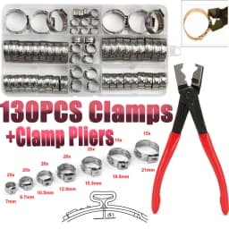 130-Piece Stainless Steel Single Ear Stepless Hose Clamps Assortment Kit with Crimping Plier Tool for Securing Pipe Hoses and Tubes