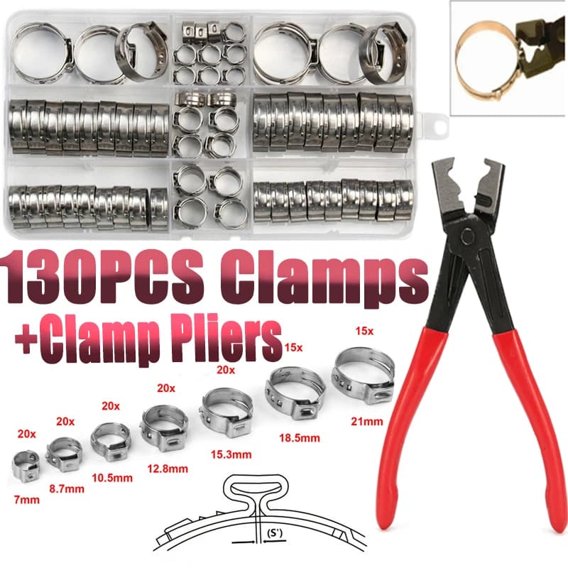130-Piece Stainless Steel Single Ear Stepless Hose Clamps Assortment Kit with Crimping Plier Tool for Securing Pipe Hoses and Tubes