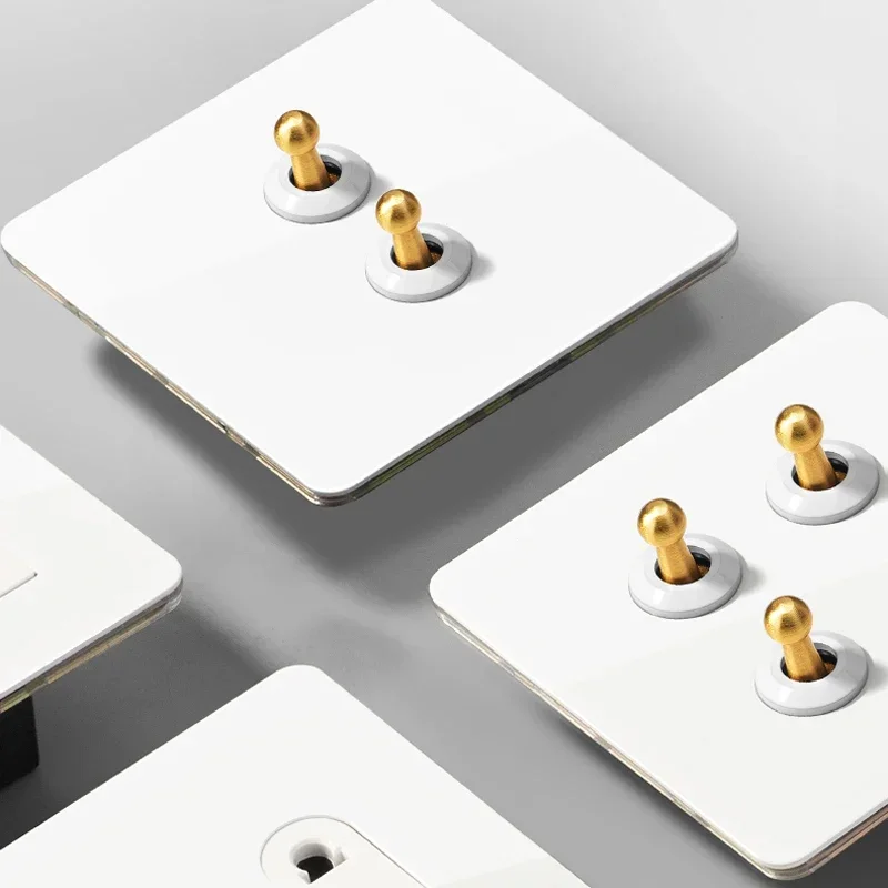 Stainless Steel Toggle Wall Switch 1-4 Gang 2 Way Light Switch Panel with Brass Lever EU FR Socket White Modern Design