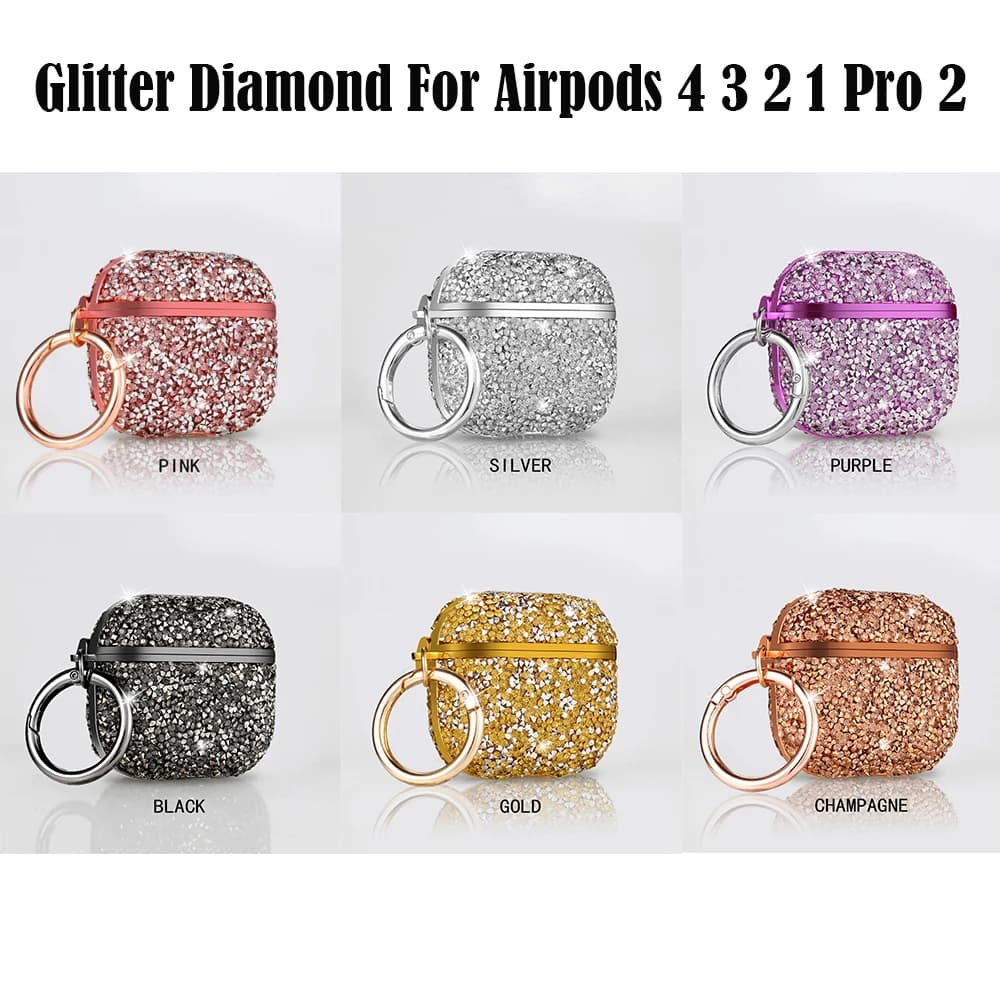 Glitter Diamond Bling TPU Case for AirPods 4 3 2 1 Pro 2 Pro Protective Cover with Hook Keychain for Apple AirPods Charging Case