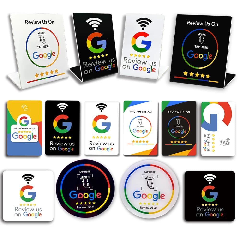 NFC Table Station Tag 13.56MHz Programmable Google Review Card Acrylic Display Stand for Business Reviews