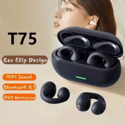 Bluetooth 5.3 Bone Conduction Wireless Earphones T75 - Clip-On Design with Noise Canceling for Sports and Gaming