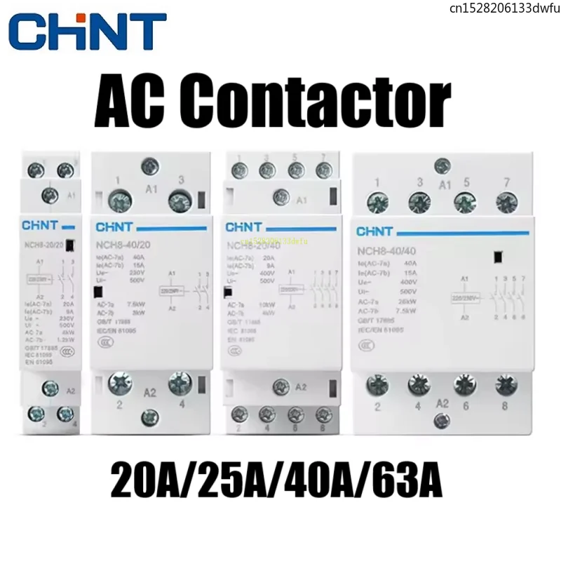 CHINT NCH8 AC Contactor 20A-63A DIN Rail Household Mini Contactor - 1NO 1NC 2NO 2NC 4NO Configurations for 220V 230V 400V Applications