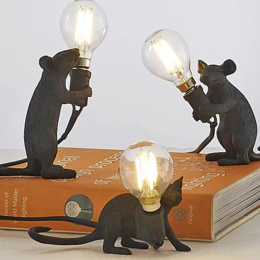 Resin Animal LED Table Lamp Rat Cat Squirrel Night Light USB Desk Decor for Kids Room