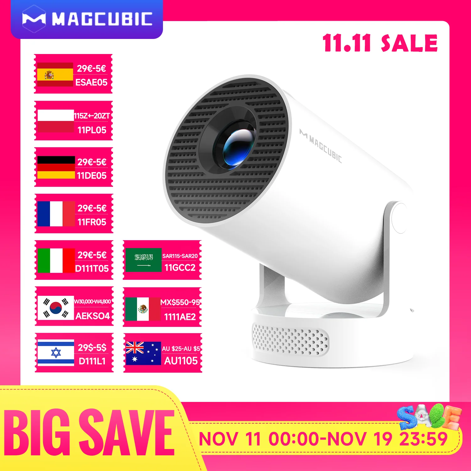 Magcubic HY300 Pro Android 14 Portable Projector 1280x720P, 290 ANSI Lumens, Dual WiFi, 180° Rotation, BT5.0