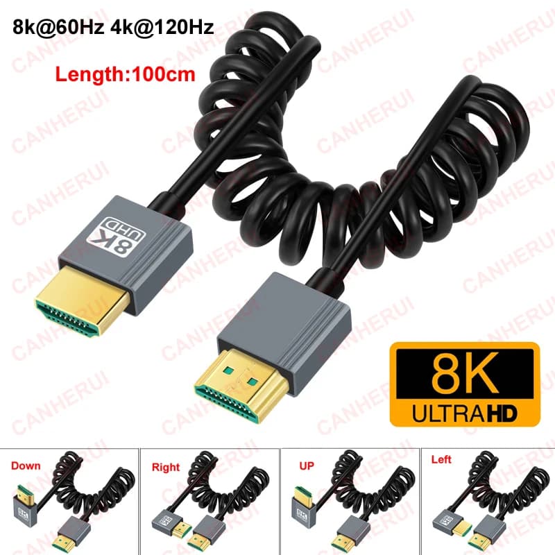 Spring Coiled HDMI 2.1 Cable 1M - 8K@60Hz/4K@120Hz with Multi-Angle Connectors for PC, Camera, Monitor, HDTV