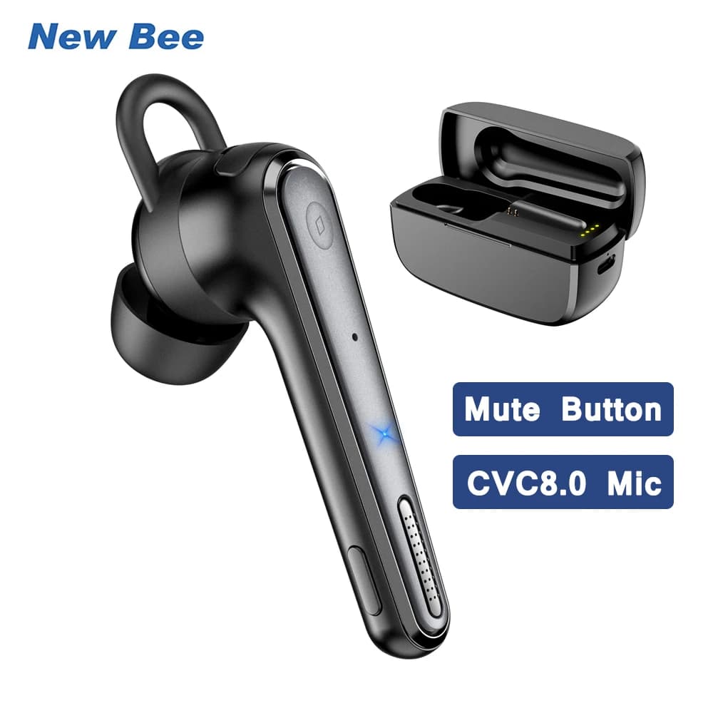 New Bee M52 Wireless Bluetooth 5.0 Headset with Dual Mic CVC8.0 Noise Reduction Mute Button Single Business Earbud Handsfree Driving