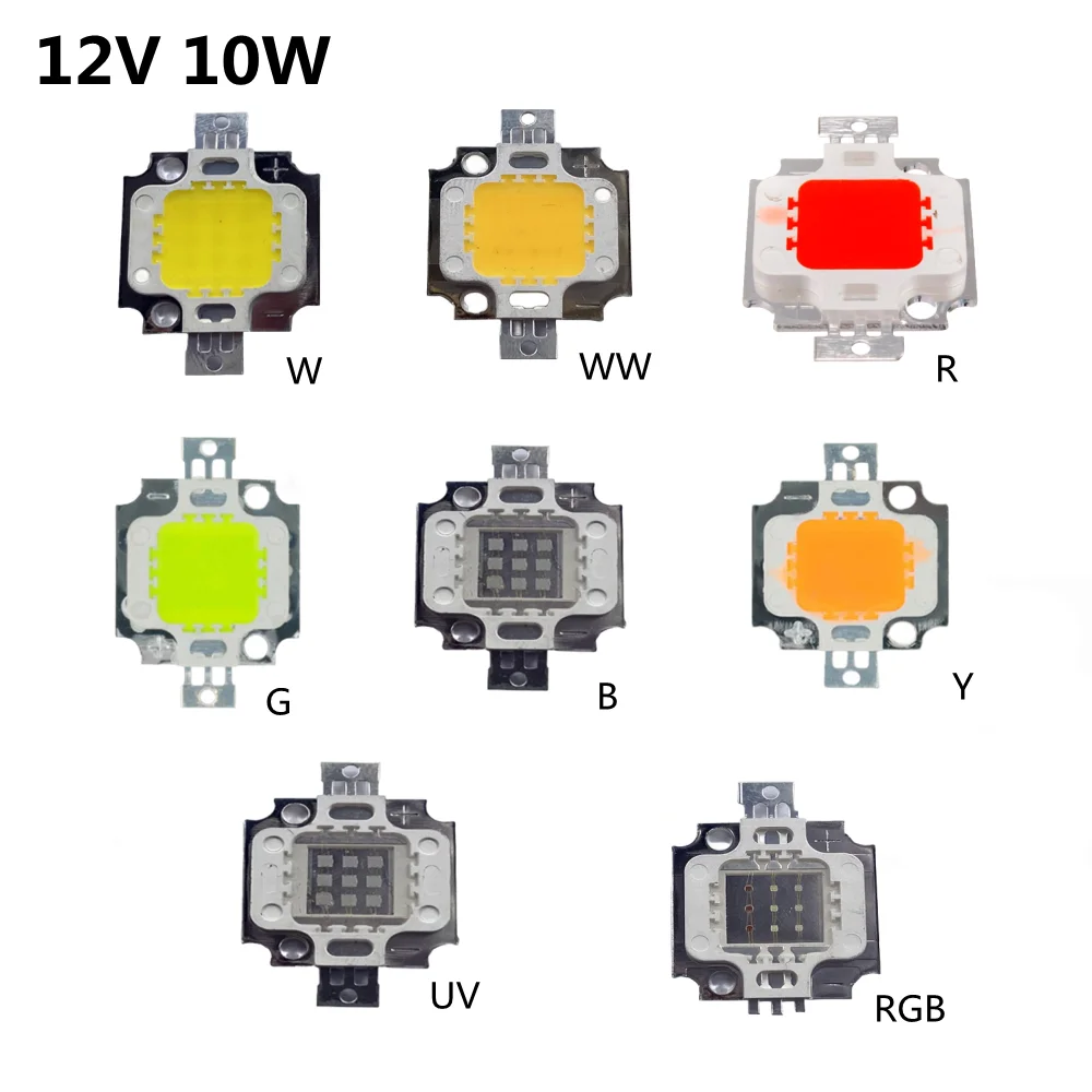 12V 10W COB LED Chip High-Power Integrated Light Bead — Available in White/Warm/Red/Green/Blue/Yellow/UV/RGB for Floodlights