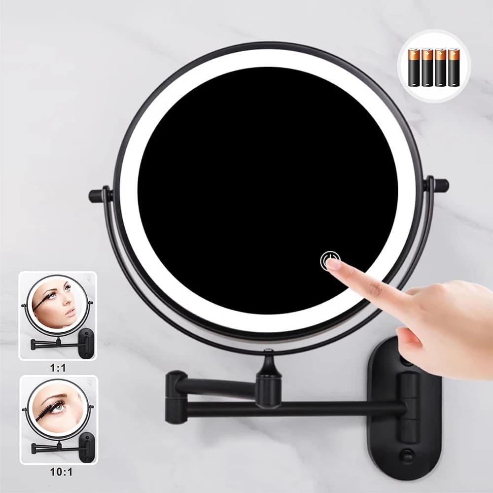 8-Inch Wall-Mounted Lighted Makeup Mirror with 10x Magnification — Adjustable Dimming Cosmetic Mirror (Black or Chrome Finish)