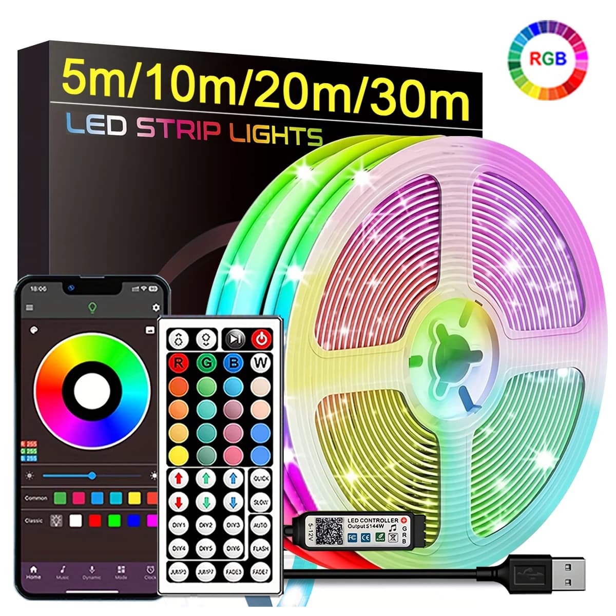 RGB LED Strip Lights with App Control, 5m/10m/20m/30m, SMD 16 LEDs/m, 5V Power