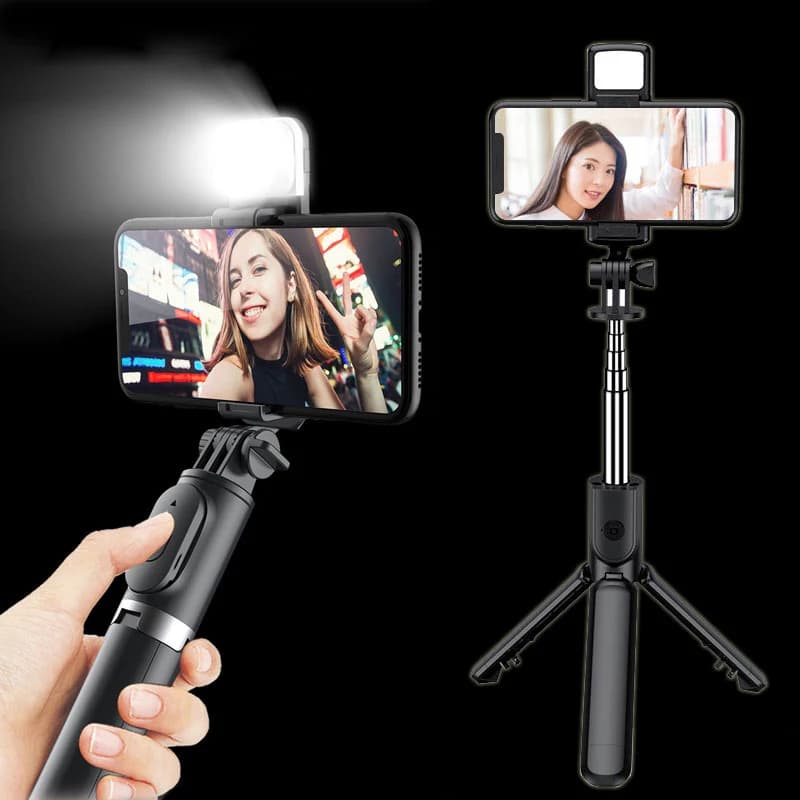 3 In 1 Selfie Stick Bluetooth Remote Control Tripod with LED Fill Light, Foldable Phone Holder Bracket for TikTok Video Live Streaming Smartphones