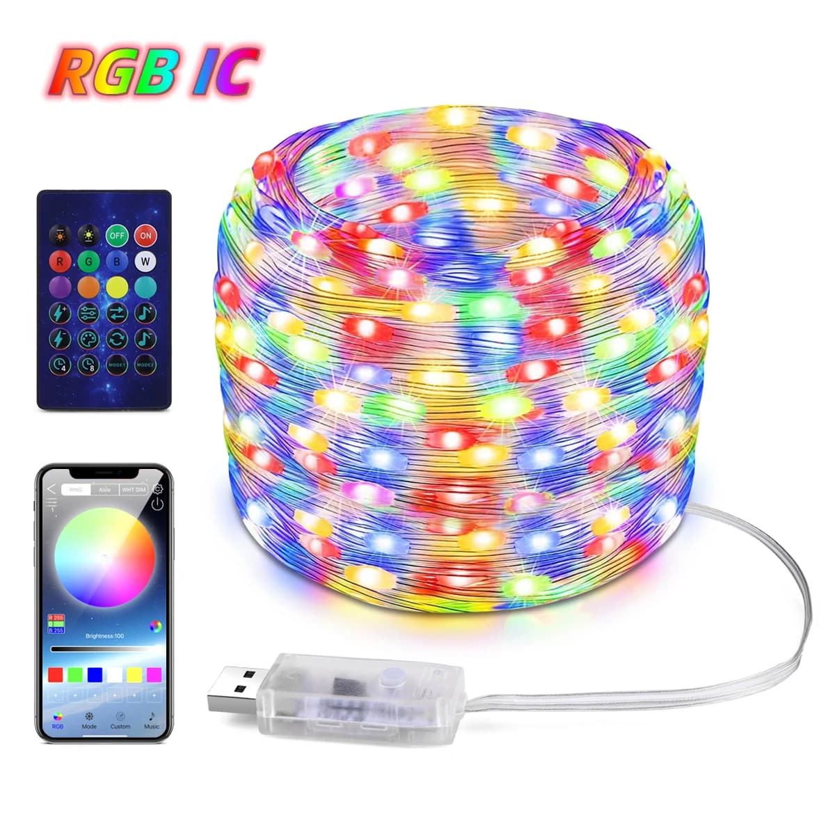 Bluetooth USB WS2812B LED String Lights 5V RGBIC — Dream Color Fairy Garland (5/10/20m) for Weddings, Christmas & Parties