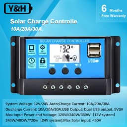 Solar Charge Controller 12V/24V 10A-30A PWM Battery Regulator - LCD Display with Dual USB 5V Output Ports for Off-Grid Systems