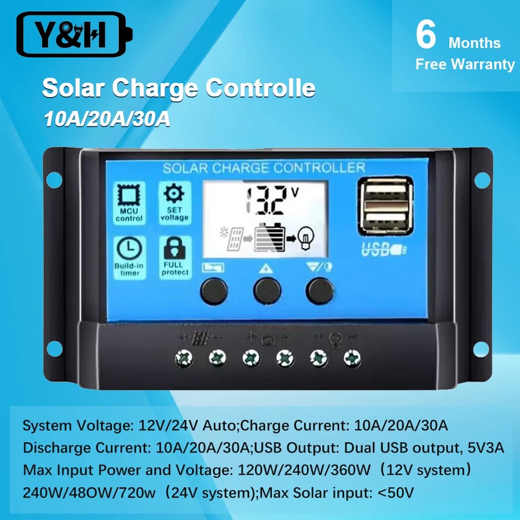 Solar Charge Controller 12V/24V 10A-30A PWM Battery Regulator - LCD Display with Dual USB 5V Output Ports for Off-Grid Systems