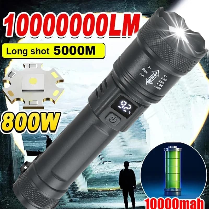 LED Tactical Flashlight 2000LM High Power with Display USB Charging Zoom Function for Camping Fishing Emergency