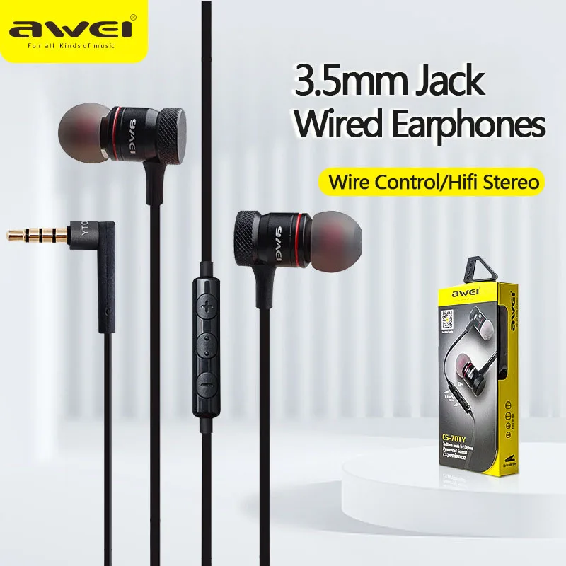 Awei ES-10TY Metal Wired Earphones with Microphone 3.5mm In-Ear Super Bass Stereo Sports Headset for Mobile Phones