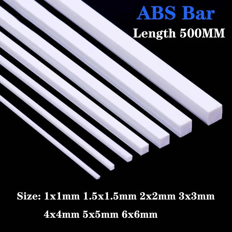 ABS Plastic Square Rod Bar Solid 1mm-6mm for DIY Model Building Sand Table Architecture Decoration Material 500mm Length