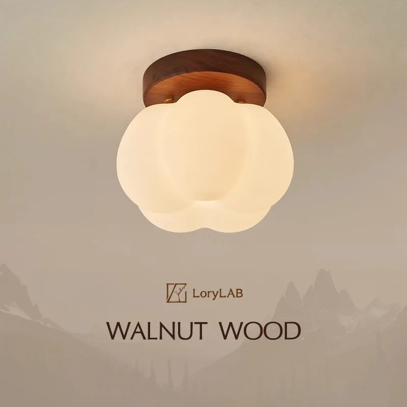 Walnut Wood Pumpkin Shaped Flush Mount Ceiling Light for Entrance Hall Corridor Balcony