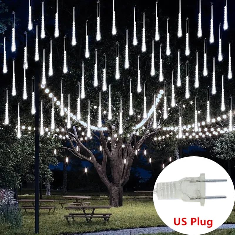 Outdoor LED Meteor Shower String Lights with US Plug — Falling Rain Drop Fairy Lights for Garden & Christmas