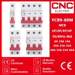 CNC YCB9-80M Miniature Circuit Breaker 1P-4P 6kA 6-80A 50/60Hz