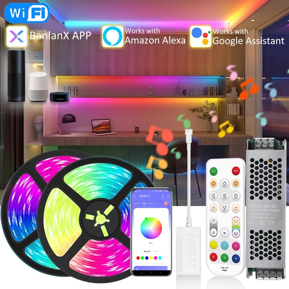 WiFi RGBIC LED Strip Light 5M 10M 15M 20M 24V COB WS2811 Pixel Flexible Ribbon with APP IR Remote Alexa Voice Control Smart Lighting