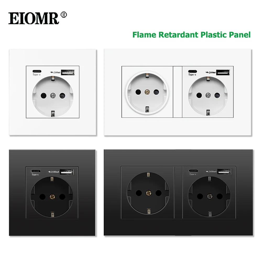EIOMR EU Standard Power Socket 220V 16A with USB Type-C Port, Single and Double Wall Outlet White Black PC Panel Plug for Smart Home Installation