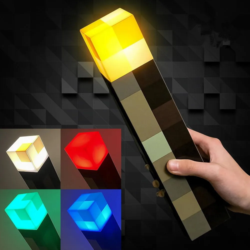 Minecraft Brownstone Torch LED Night Light - 4 Color USB Rechargeable Table Lamp with Wall Mount Buckle for Kids Bedroom Decor