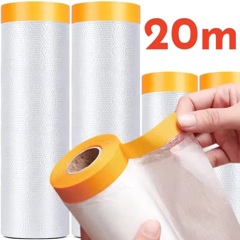Pre-Taped Masking Film Roll (4x20m) — Adhesive Plastic Drop Film for Painting, Tape & Drape Protection