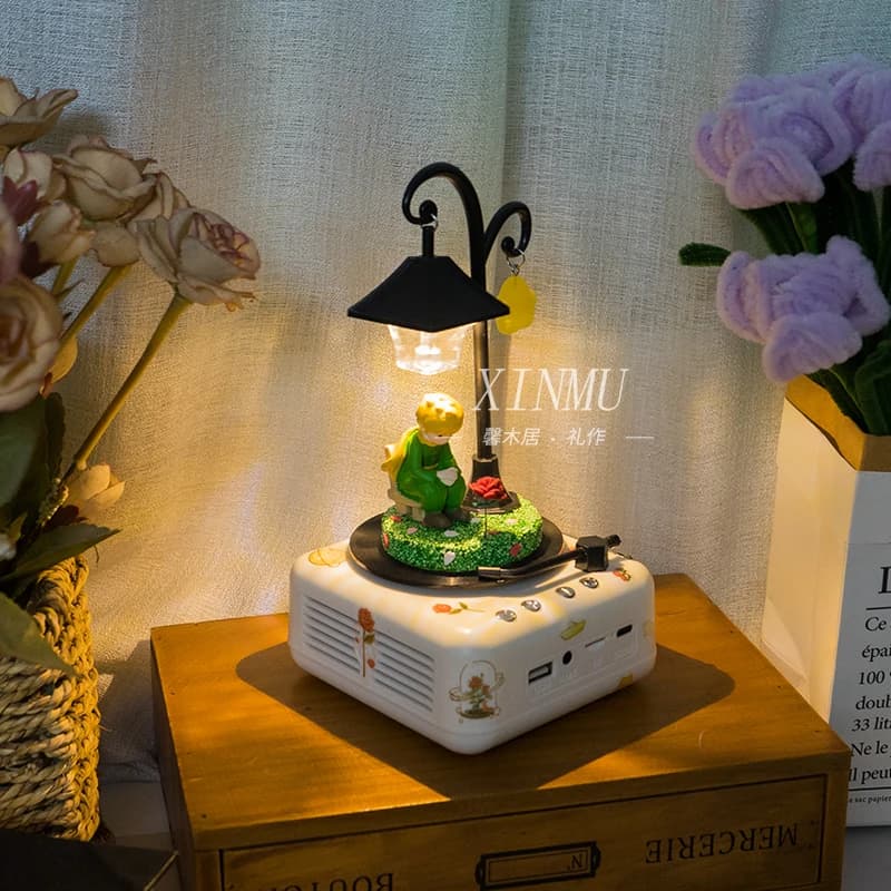 Little Prince Theme Rotating Night Light with Bluetooth Speaker Retro Phonograph Record Player Design Birthday Gift