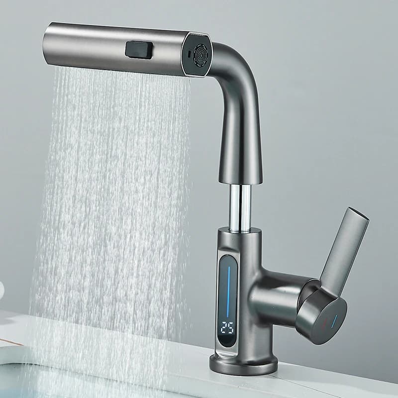 Digital Temperature Display Basin Faucet with Pull Out Waterfall Stream - 3-Way Sprayer Hot Cold Water Mixer Tap for Bathroom Sink