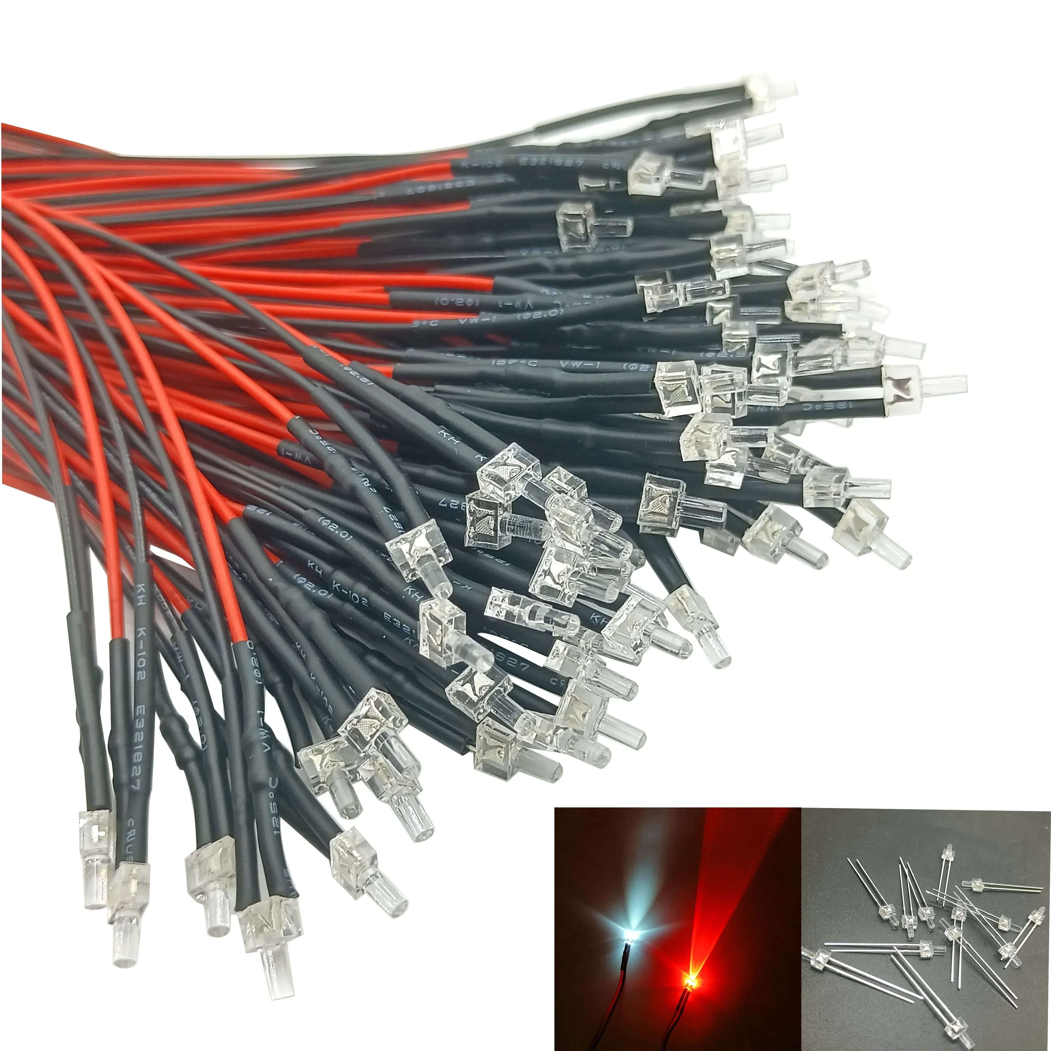 2mm Flat Top LED Diode Pre-Wired DC 12V 20mm Cable Water Clear Transparent LEDs Red Green Blue White Yellow Orange Pink UV Colors