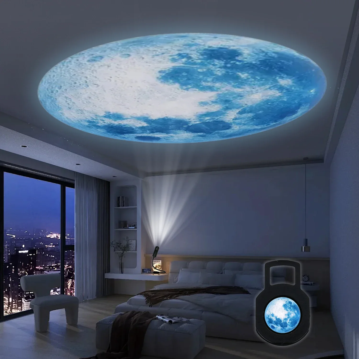 Rechargeable LED Moon Star Projector Night Light Rotating Galaxy Planet Lamp USB Powered Blue Moon Projection Light for Kids Bedroom Decoration