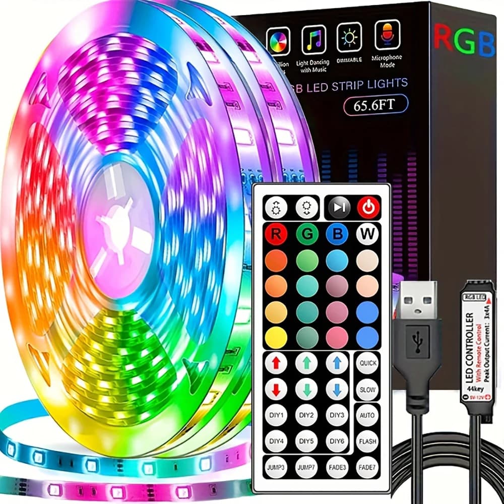 RGB LED Strip Lights with 44-Key Remote Control - 1m to 20m Color Changing Tape for TV Backlight, Room & Party Decoration