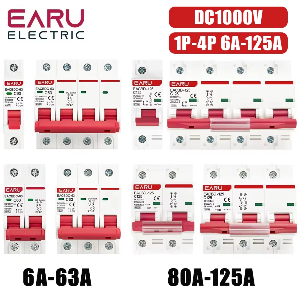 EARU DC 1000V Mini Circuit Breaker 1P-4P 6A-125A for Solar PV Systems