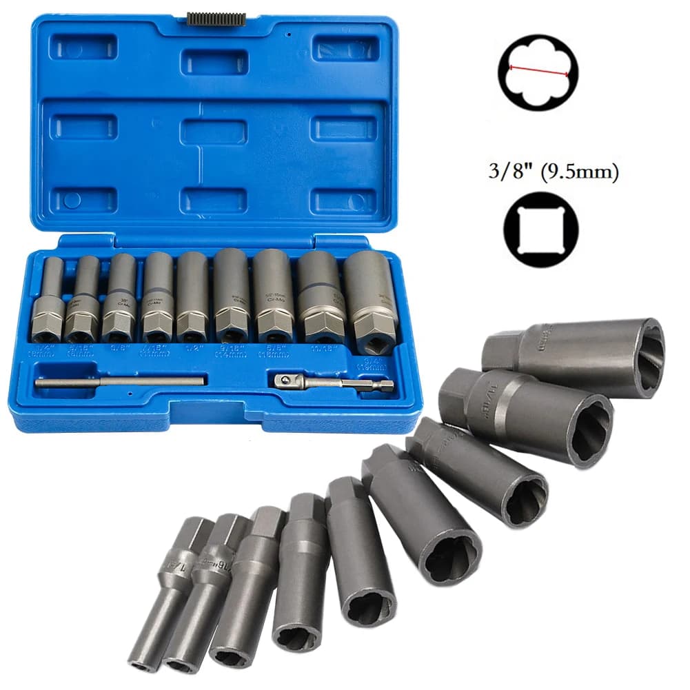 Bolt Removal Tool Socket Wrench Set 3/8 Inch Drive - Deep Socket Extractor 1/4 to 19mm with Spiral Cut Teeth Grip for Damaged Bolts