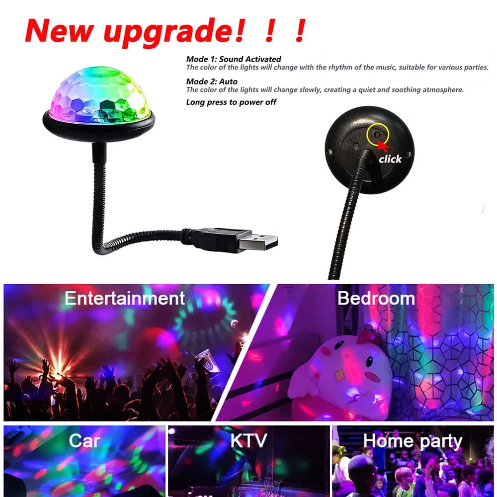 Mini RGB Disco Ball Light USB Powered DJ Party Lighting with Strobe Effect for Car Atmosphere Room Decorations Home Entertainment