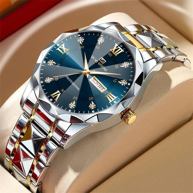 Men's Quartz Watch 41mm - Water Diamond Dial with Night Glow, Double Calendar, Stainless Steel Band