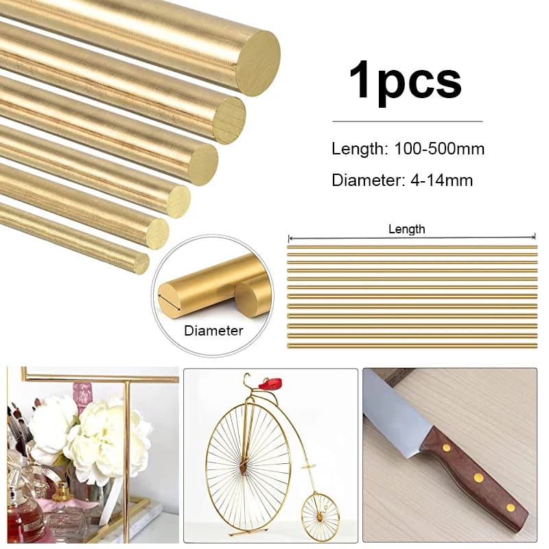 Brass Round Bar Rod 4-14mm Diameter for DIY Knife Handle, Model Making, and Craft Projects (100-500mm Length, 1 Piece)
