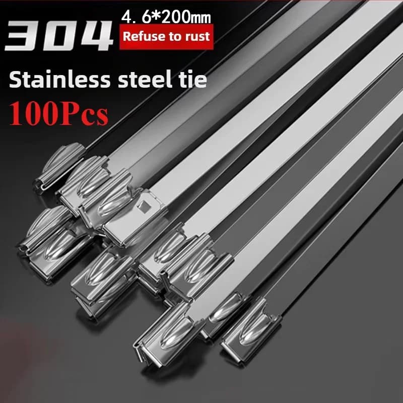 Stainless Steel Cable Ties 304 Grade 4.6x200mm Self-Locking Metal Zip Ties 100 Pieces High Temperature Resistant for Cable Management Wire Bundling