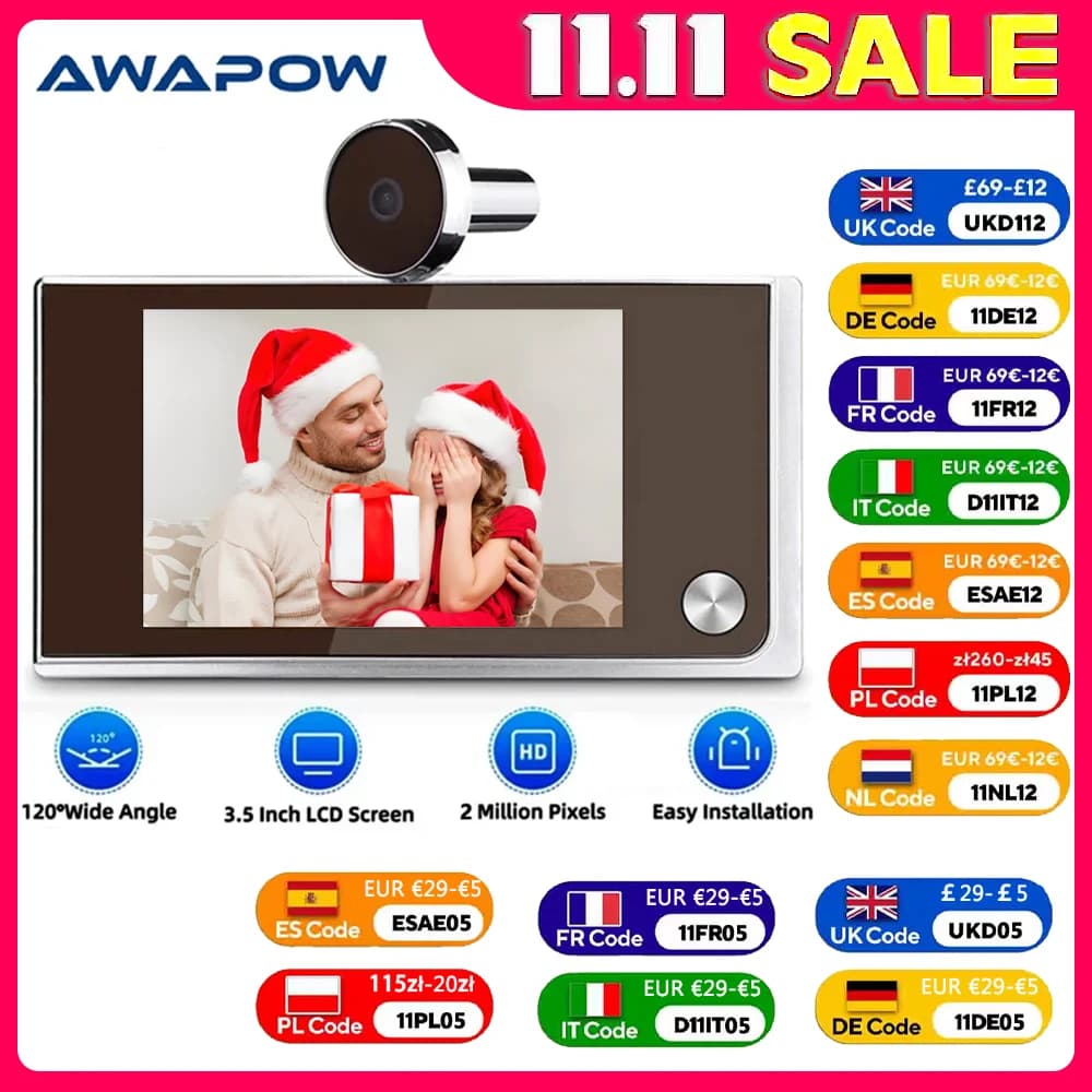 Awapow 3.5" Digital Door Peephole Viewer Camera - 120ยฐ Wide Angle LCD 2MP HD Outdoor Monitor Doorbell with Video Recording