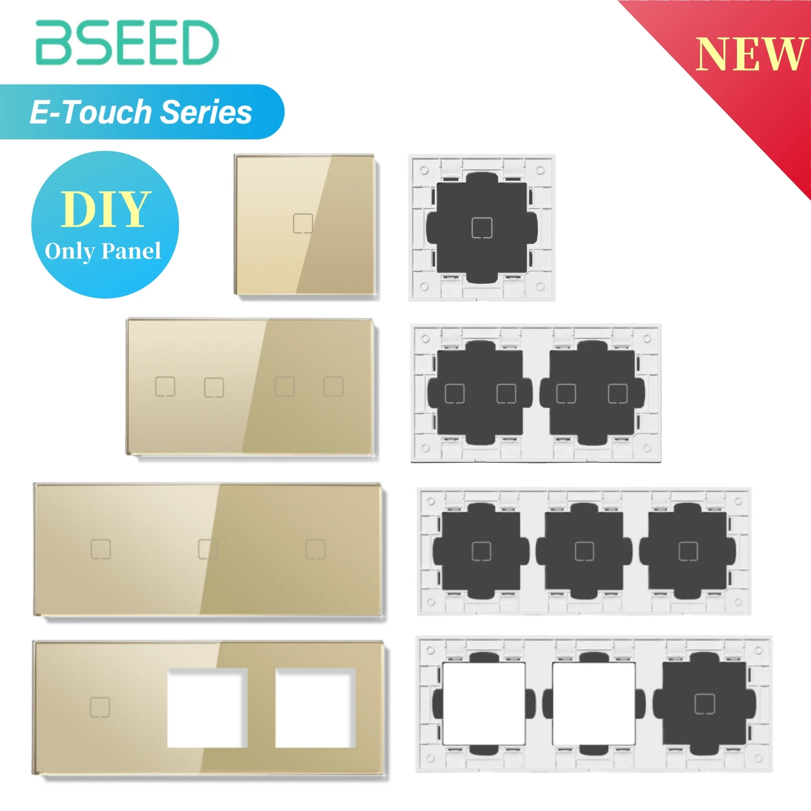 Pearl Crystal Glass Touch Switch Panel 1/2/3/4 Gang EU Standard Gold Frame Only - Tempered Glass Wall Socket Panel for E Touch Series