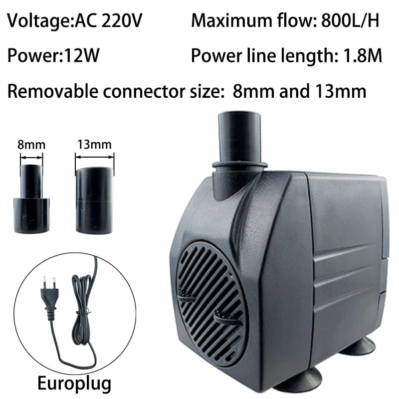 Submersible Water Pump 12W 800L/H Ultra-Quiet Adjustable Motor AC 220V EU Plug for Aquarium Fountain Rockery Circulation
