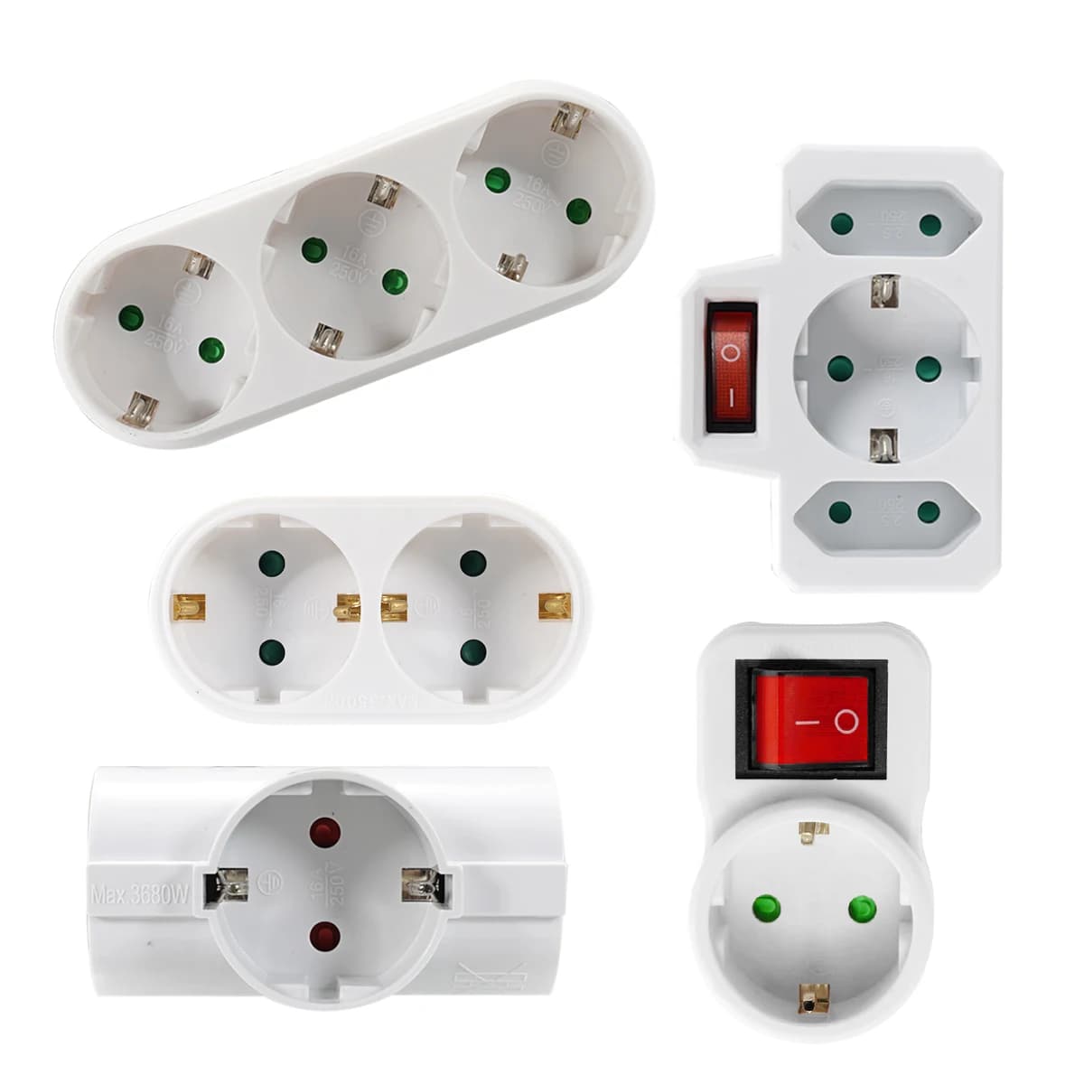 EU Power Socket Adapter with ON/OFF Switch - European Standard Wall Outlet Converter 1 to 3 Ports 250V Electrical Plug Expander